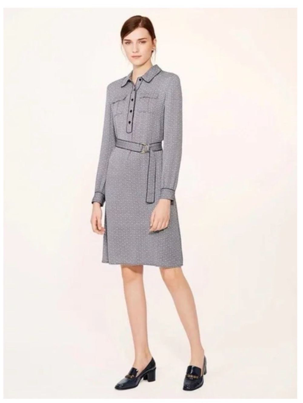 Tory Burch Christelle Belted Blue & White Chain Print Silk Shirt Dress